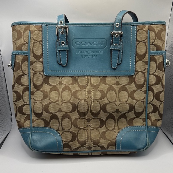 ✨ Coach Iconic C Canvas Shoulder Bag w/ Light Blue Leather – Gorgeous! ✨ - Picture 1 of 7